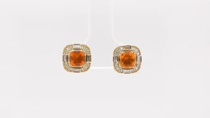 American Colors Cushion Fire Opal & 1/6 ct. tw. Round & Baguette Diamond Halo Earrings in 10K Yellow Gold front view