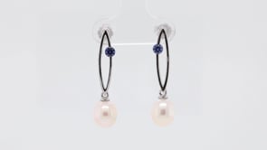 7-8mm Cultured Freshwater Pearl & Created Round Sapphire Drop Earrings in Sterling Silver front view
