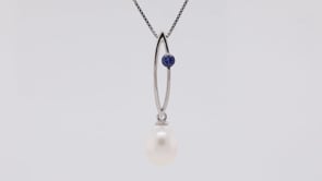 7-8mm Cultured Freshwater Pearl & Created Round Sapphire Pendant in Sterling Silver front view