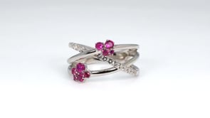Created Round Ruby & White Topaz Orbit Ring in Sterling Silver close-up detail