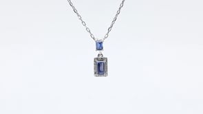 Baguette Yogo Sapphire & Diamond Halo Drop Pendant in 10K White Gold front view