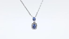 Cushion Yogo Sapphire & Diamond Halo Drop Pendant in 10K White Gold front view
