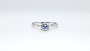 Cushion Yogo Sapphire & 1/8 ct. tw. Diamond Halo Ring in 10K White Gold close-up detail