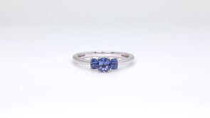 3-Stone Cushion Yogo Sapphire Ring in 10K White Gold close-up detail
