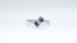 Baguette & Cushion Yogo Sapphire & 1/10 ct. tw. Diamond Toi et Moi Ring in 10K White Gold close-up detail