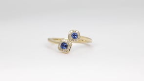 Cushion & Asscher Cut Yogo Sapphire & 1/10 ct. tw. Diamond Halo Toi et Moi Ring in 10K Yellow Gold close-up detail