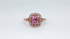 Oval Pink Sapphire & 3/8 ct. tw. Diamond Milgrain Split Shank Ring in 14K Pink Gold close-up detail