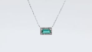 Created Emerald Cut Emerald & Diamond Halo Necklace in 10K White Gold close-up detail