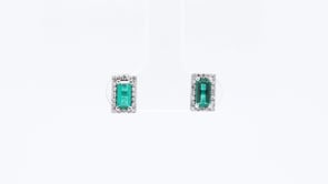 Created Emerald Cut Emerald & 1/8 ct. tw. Diamond Halo Earrings in 10K White Gold close-up detail