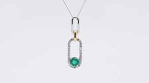 Created Round Emerald & White Sapphire Paperclip Pendant in Sterling Silver & 10K Yellow Gold close-up detail