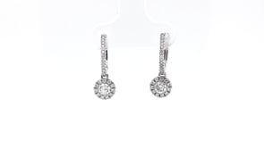 5/8 ct. tw. Diamond Huggie Hoop Earrings with Round Halo Dangle in 14K White Gold front view