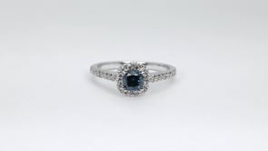 9/10 ct. tw. Cushion Treated Blue & White Diamond Halo Engagement Ring in 14K White Gold front view