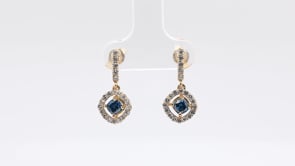 1 ct. tw. Cushion Treated Blue Diamond Floating Halo Drop Earrings in 14K Yellow Gold front view