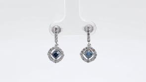 1 ct. tw. Cushion Treated Blue Diamond Floating Halo Drop Earrings in 14K White Gold front view