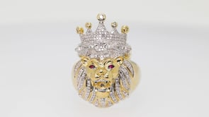 1/2 ct. tw. Men's Diamond and Ruby Lion Head and Crown Ring in 10K Yellow Gold front view