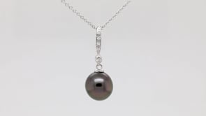 9-10mm Black Tahitian Pearl & Diamond Accent Drop Pendant in 14K White Gold front view