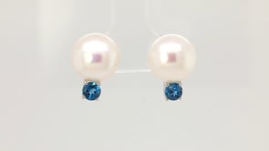 10-11mm Freshwater Pearl & London Blue Topaz Earrings in Sterling Silver front view