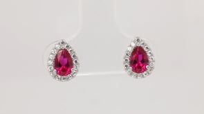Created Pear Ruby & White Sapphire Halo Pendant & Earring Set in Sterling Silver side profile
