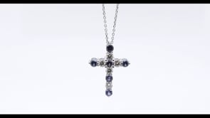 Yogo Sapphire & 1/2 ct. tw. Diamond Cross Pendant in 14K White Gold front view