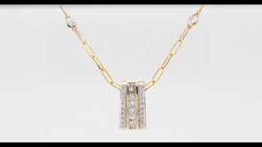 Kallati 7/8 ct. tw. Round & Baguette Diamond Station Vertical Bar Pendant in 14K Yellow Gold close-up detail