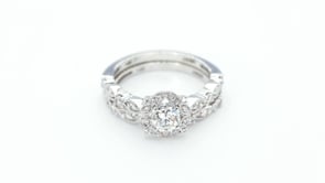 Natural 1 ct. tw. Round Brilliant Diamond Halo Milgrain Leaf Wedding Set in 14K White Gold side profile