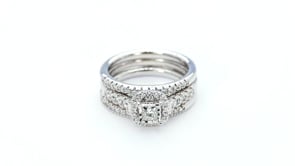Natural 3/4 ct. tw. Princess Cut Diamond Halo Wedding Set with Miracle Plate in 10K White Gold close-up detail