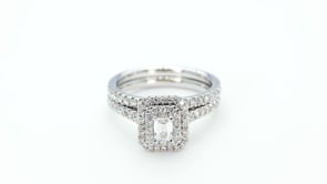 Natural 1 ct. tw. Emerald Cut Diamond Double Halo Wedding Set in 14K White Gold side profile