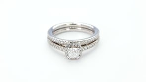 Natural 7/8 ct. tw. Cushion Diamond Halo Wedding Set in 14K White Gold side profile