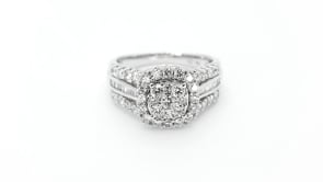 Fairytale Diamonds 1-1/2 ct. tw. Cluster Diamond Halo Engagement Ring with Round & Straight Baguette Band in close-up detail