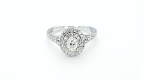 Natural 1-1/4 ct. tw. Oval Diamond Double Halo Split Shank Engagement Ring in 14K White Gold close-up detail