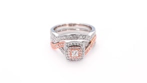 Natural 1 ct. tw. Princess Cut Diamond Double Halo Wedding Set in 14K White & Pink Gold full view