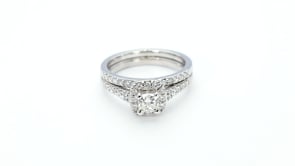 Natural 1 ct. tw. Cushion Diamond Halo Wedding Set in 14K White Gold front view