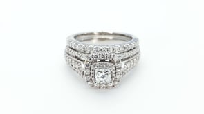 Natural 1-3/4 ct. tw. Princess Cut Diamond Double Halo Wedding Set in 14K White Gold angled view
