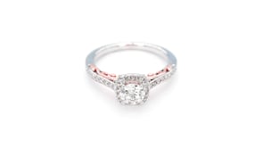 Natural 1 ct. tw. Round Brilliant Diamond Halo Filigree Engagement Ring in 14K White & Pink Gold close-up detail