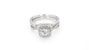 Natural 1 ct. tw. Round Brilliant Diamond Square Scalloped Halo Wedding Set in 14K White Gold full view