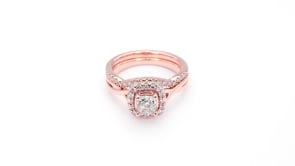 Noventa 1-1/5 ct. tw. Cushion Cut Diamond Center Wedding Set with Round Brilliant Halo & Band in 14K Pink Gold full view