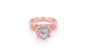 Natural 1-1/4 ct. tw. Cushion Diamond Scalloped Halo Wedding Set in 14K Pink Gold front view