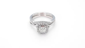 Noventa 1-1/8 ct. tw. Cushion Cut Diamond Halo Wedding Set with Twist Band in 14K White & Pink Gold full view