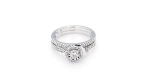 True Promise 3/8 ct. tw. Round Brilliant Halo Wedding Set with Ribbon Inspired Gold Accents in 10K White Gold front view