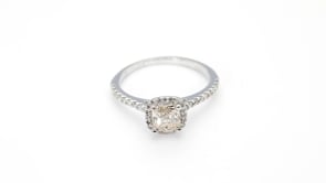 Natural 1-1/4 ct. tw. Cushion Diamond Halo Engagement Ring in 14K White Gold close-up detail