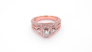 Noventa 1-1/8 ct. tw. Cushion Cut Halo Diamond Wedding Set with V-Split Set Diamond Band in 14K Pink Gold full view