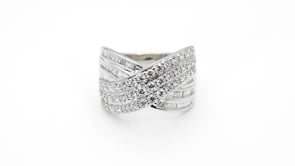 1 ct. tw. Round & Baguette Diamond Crossover Ring in 10K White Gold close-up detail