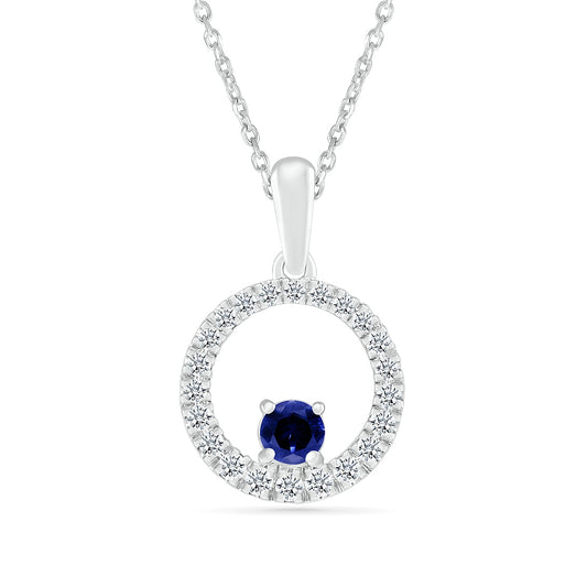 Sapphire & 1/6 ct. tw. Diamond Circle Pendant in 10K White Gold