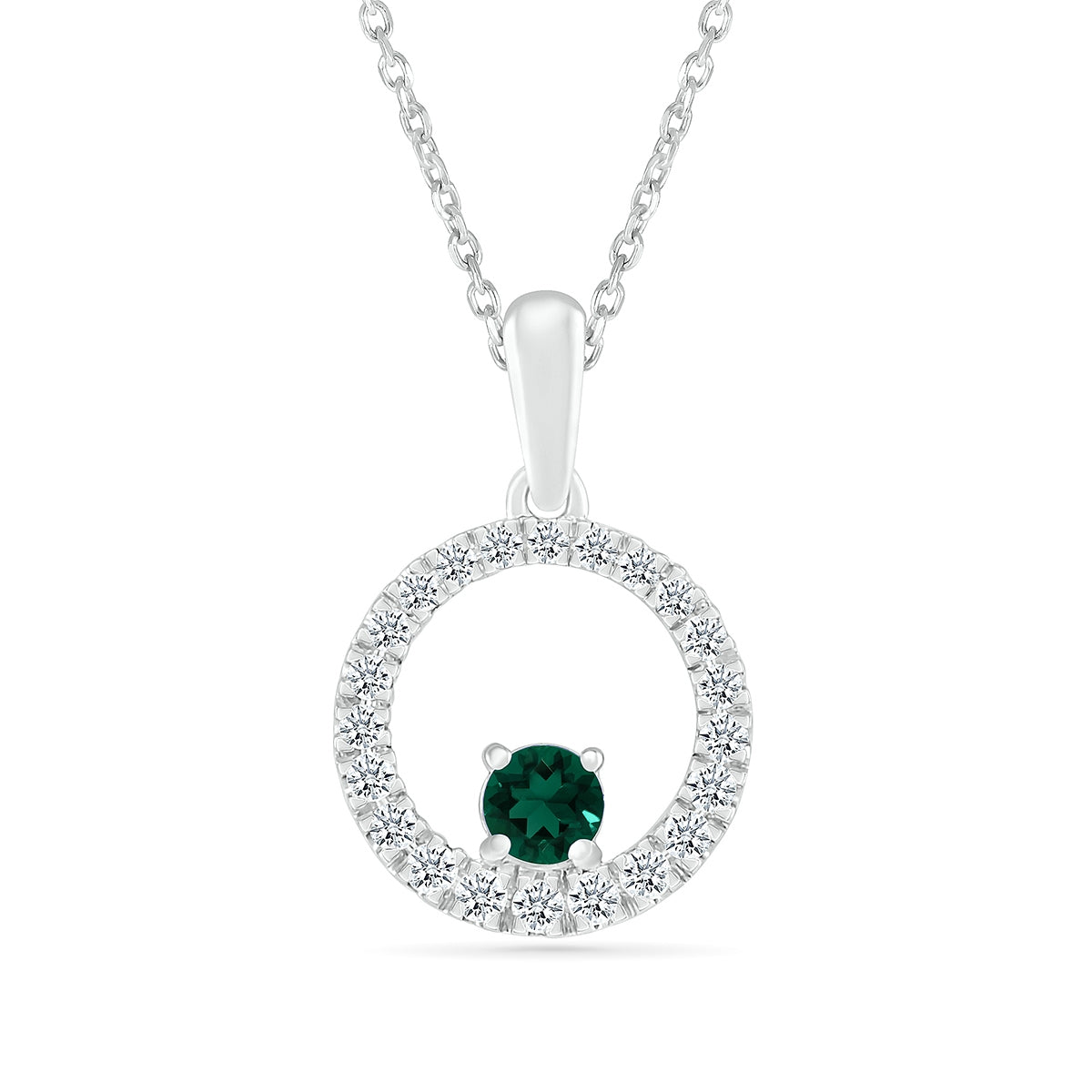 Emerald & 1/6 ct. tw. Diamond Circle Pendant in 10K White Gold