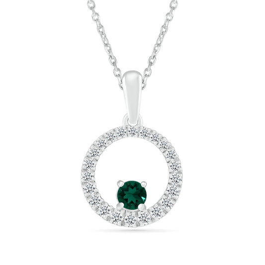 Emerald & 1/6 ct. tw. Diamond Circle Pendant in 10K White Gold