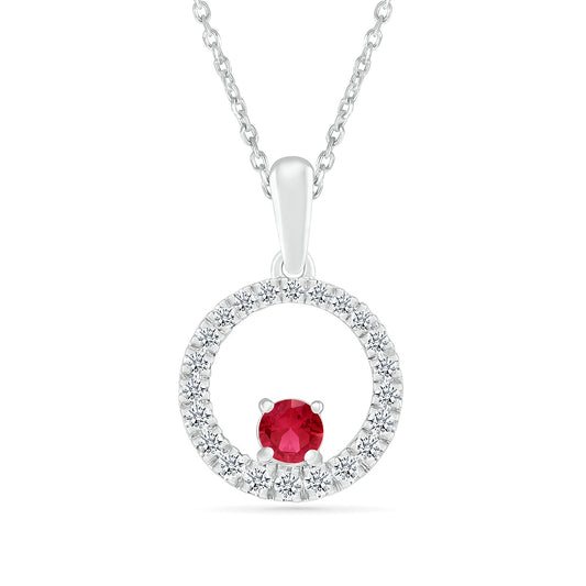 Ruby & 1/6 ct. tw. Diamond Circle Pendant in 10K White Gold
