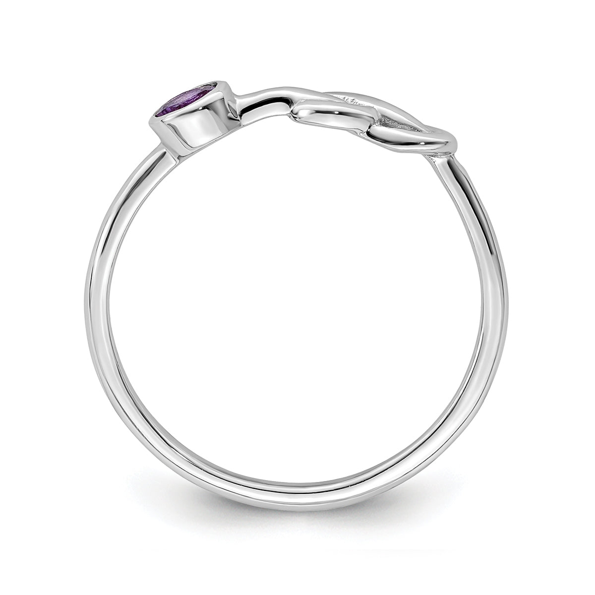 Love Knot Round Amethyst Infinity Ring in Rhodium Plated Sterling Silver front view