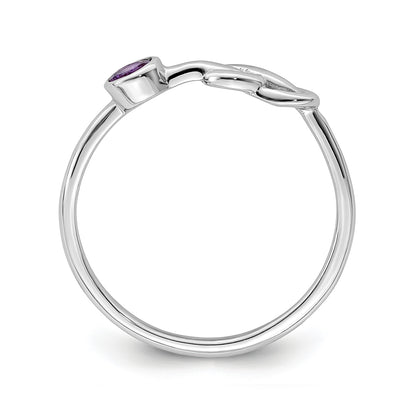 Love Knot Round Amethyst Infinity Ring in Rhodium Plated Sterling Silver front view