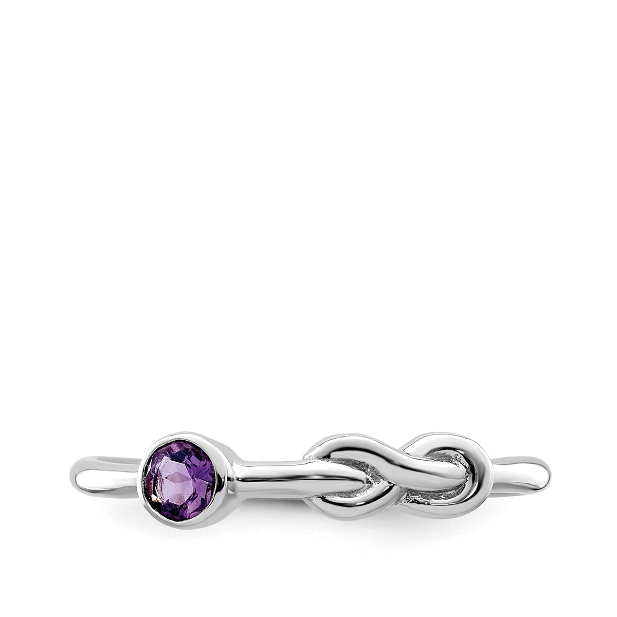 Love Knot Round Amethyst Infinity Ring in Rhodium Plated Sterling Silver close-up detail