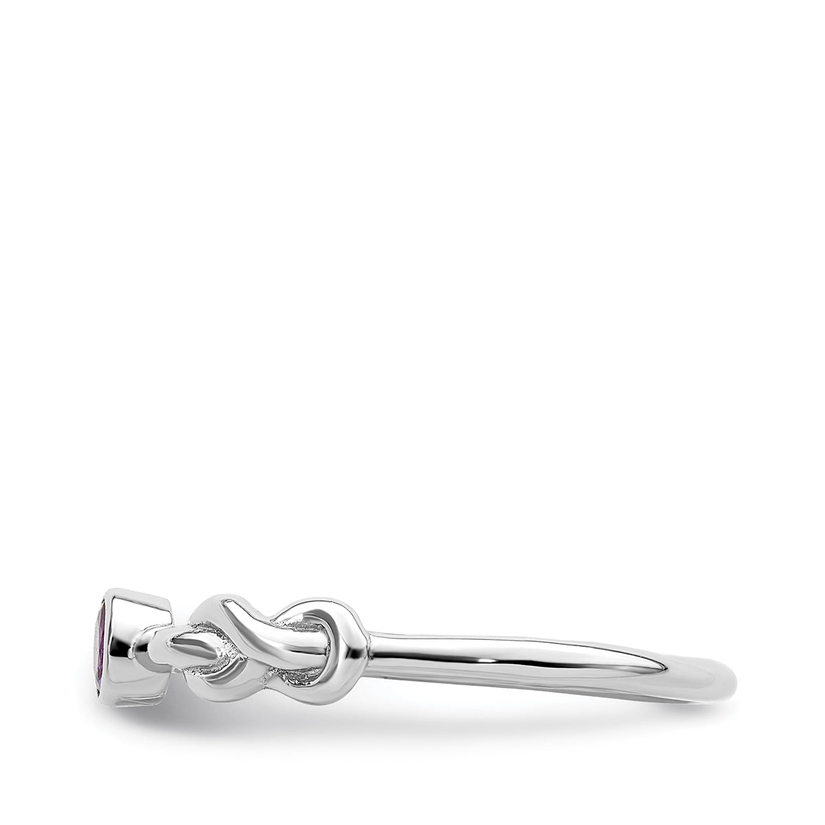 Love Knot Round Amethyst Infinity Ring in Rhodium Plated Sterling Silver side profile